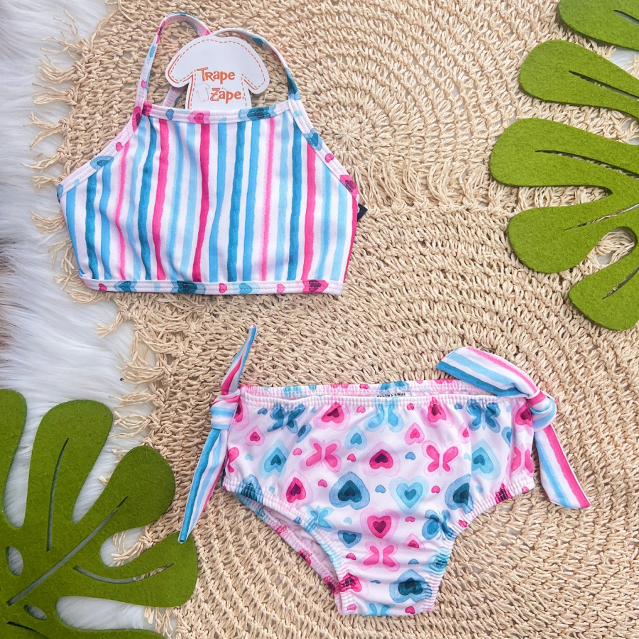 Linha Praia - Biquíni com Proteção UV50+ e Calcinha - Listrado com Corações